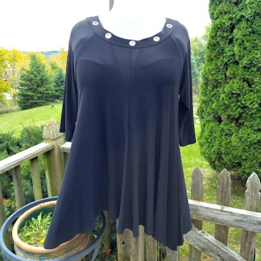 Sun Kim Womens Plus Size 2X Black Tunic Dress - Kaftan Style High Low with Rings